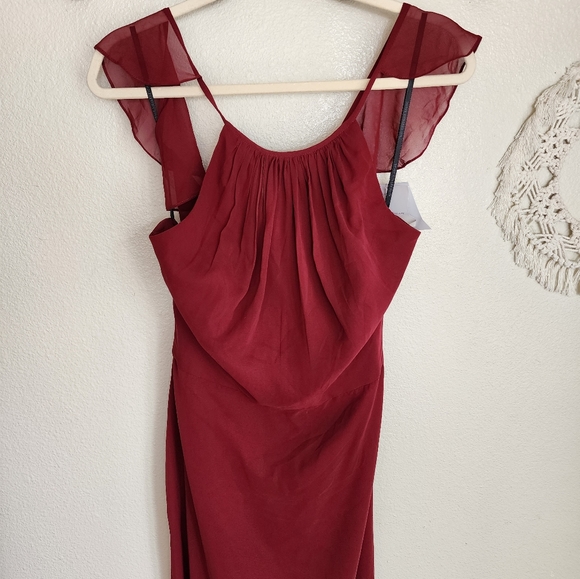 Dessy Collection Lux Chiffon Halter Back Ruffle Floor Dress In Burgundy 14 NWT - Picture 3 of 11